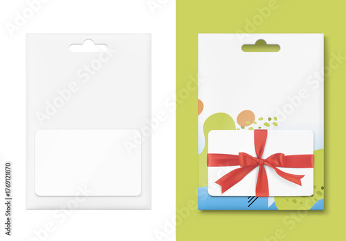 Gift card with packaging mockup.  Flat lay view. Vector illustration on colour background. Ready for your design, presentation, promo. EPS10.