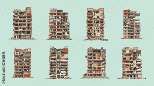 Set of Demolished Urban Buildings Isolated on Pastel Background
