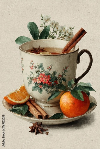 Floral Tea Cup Watercolor Illustration – Vintage Ceramic Mug with Orange, Cinnamon, and Star Anise on Textured Paper Background