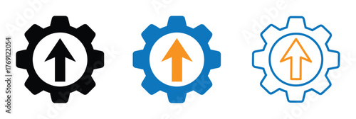 Upgrade new version icon vector set. System software update and improvement. Process development. Arrow up with gear cog. Technology growth install. Upload progress concept.