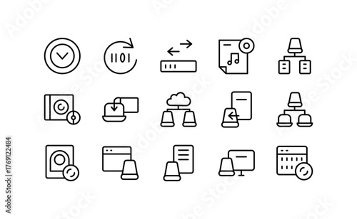 Data Recovery icon set. Backup, restore, protection, data transfer, security, network, vector outline icons. Editable stroke design
