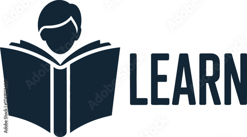 Pixel art person reading a book next to the word learn concept for education and knowledge