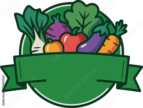 Fresh healthy vegetables and fruit emblem with green ribbon for organic food promotions