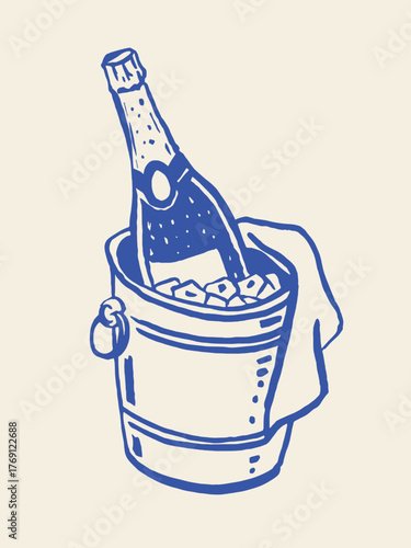 champagne bottle in ice bucket brush sketch vector illustration
