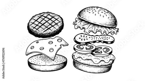 Burger with sandwich ingredients, meat, pickle and cheese in sketch brush style. 