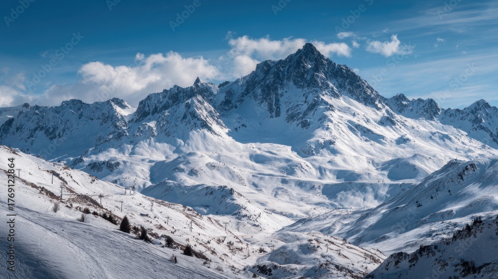 Fototapeta premium Snowy peaks rise majestically under a clear sky inviting adventurers to explore the wintry landscape.