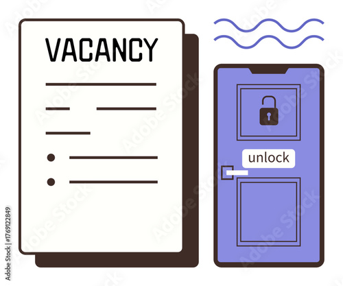 Job vacancy form beside locked purple door with unlock text. Ideal for recruitment, employment, career opportunities, access, growth, human resources, corporate hiring. Simple flat metaphor