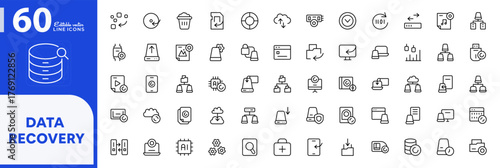 Data Recovery line icon set. Backup, cloud storage, computer, database, server, restore, protection, data transfer, security, network, vector outline icon pack. Editable stroke design