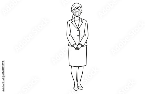 マスクを着用したビジネスウーマン（全身・モノクロ線画）