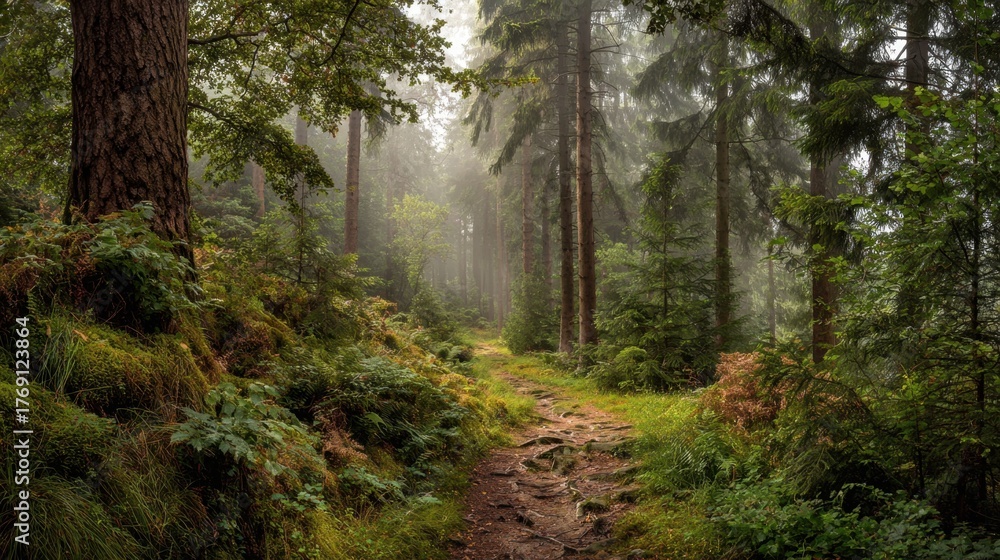 Obraz premium A serene path winds through a foggy forest filled with vibrant ferns and tall trees inviting nature lovers.