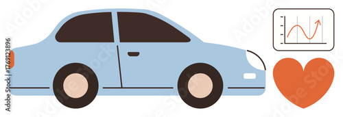 Blue car next to a rising chart and heart expressing innovation, progress, eco-friendliness. Ideal for automotive industry, sustainability, growth, care, success analytics transportation. Simple
