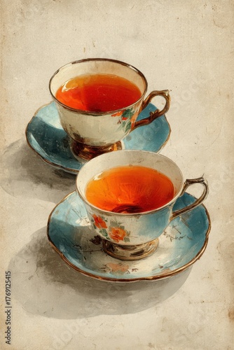 Vintage Floral Tea Cups Watercolor Illustration – Two Antique Ceramic Cups with Blue Saucers and Hot Tea on Textured Beige Paper