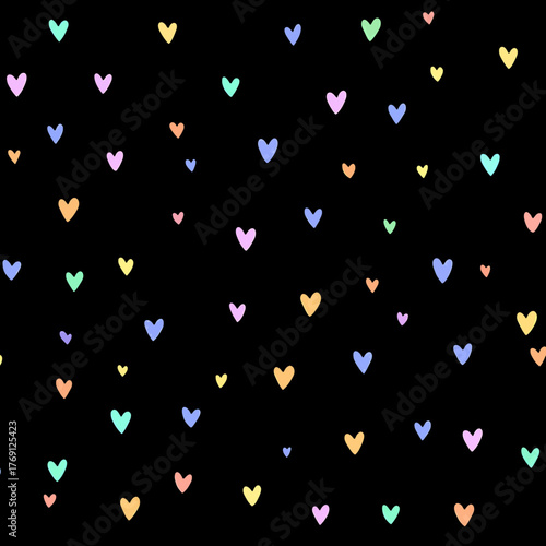 Padrão vetorial de corações coloridos em tons pastel caindo sobre fundo preto, ilustração romântica