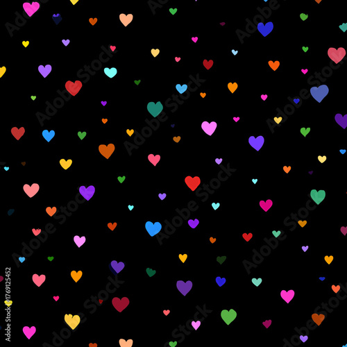 Padrão de corações coloridos em vetor sobre fundo preto, ilustração abstrata de amor e alegria