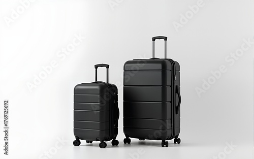 Travel luggage set, big and small suitcase, baggage set in black and white classic colors, front view. Journey traveling luggage design, modern style, tourism background. Plastic suitcases, carry on.