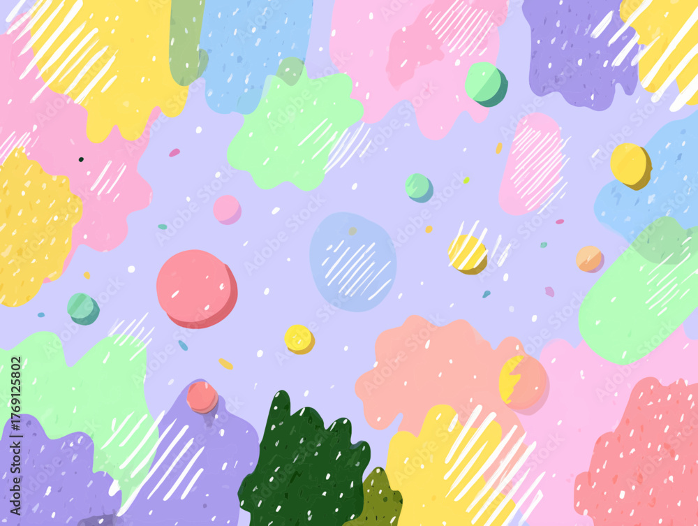 Fundo abstrato com formas orgânicas coloridas e elementos gráficos lúdicos em tons pastel.