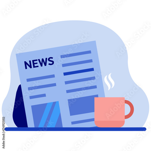 Coffee and newspaper on blue background with steam rising  
