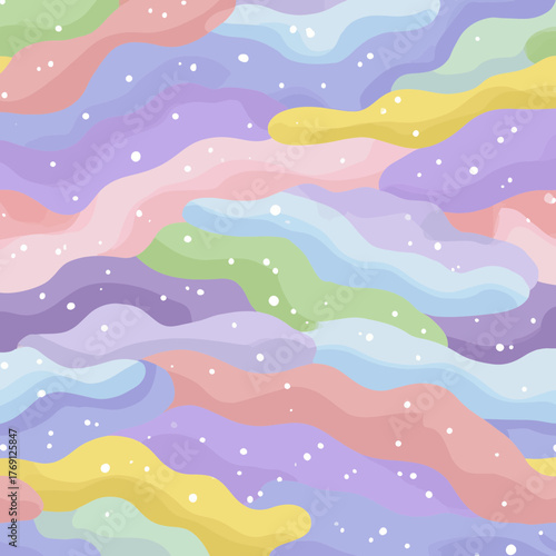 Padrão abstrato de formas onduladas em tons pastel com pontos brancos, criando um design suave e delicado.