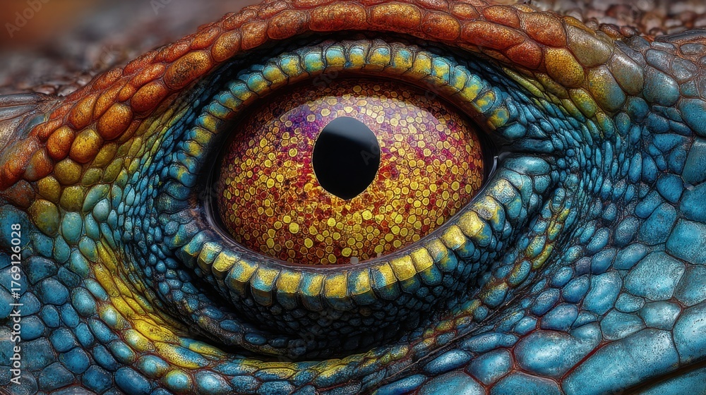 Obraz premium A close up view reveals a reptiles eye with stunning colors textures and patterns reflecting natures beauty.