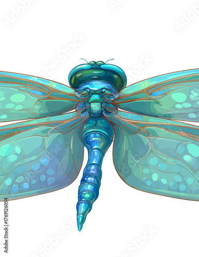 Um inseto libélula azul vibrante com asas translúcidas detalhadas em um fundo branco