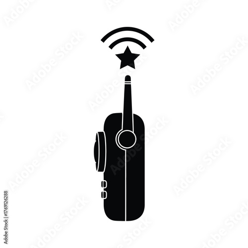 Black walkie talkie icon with star and signal waves