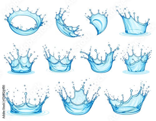 An illustrated collection of several realistic blue water splash crowns