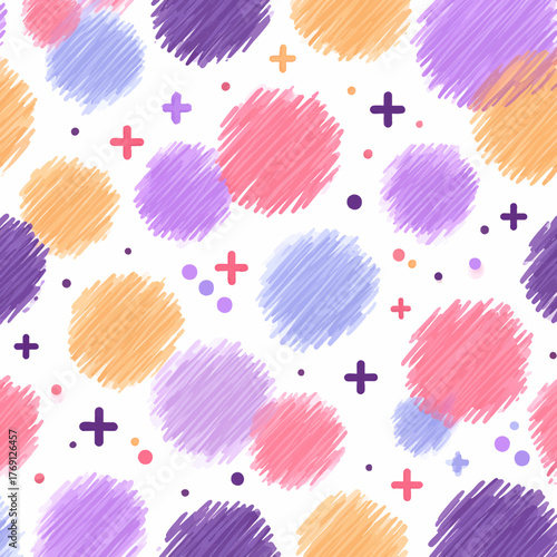 Padrão vetorial abstrato com círculos e formas geométricas em cores pastel suaves e texturas de rabiscos.