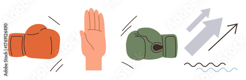 Orange and green boxing gloves, raised hand signaling stop, arrows symbolizing progress, and wavy line for flexibility. Ideal for teamwork, negotiation, growth, compromise, leadership