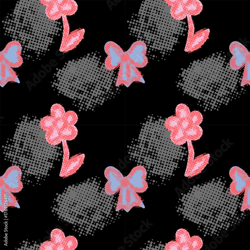 Collage Halftone Daisy Flowers and Bows seamless pattern. Half tone Contemporary vector poster. Modern y2k aesthethic Banner.