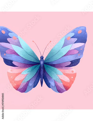 Borboleta vetorial colorida em aquarela com asas abertas sobre fundo rosa claro, arte delicada.