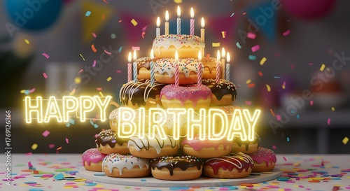 Happy birthday donuts cake celebration candles party confetti sweet dessert delicious baked festive treat