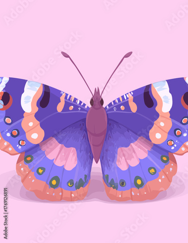 Ilustração vetorial de uma borboleta colorida com asas abertas em fundo rosa claro, estilo plano e moderno.