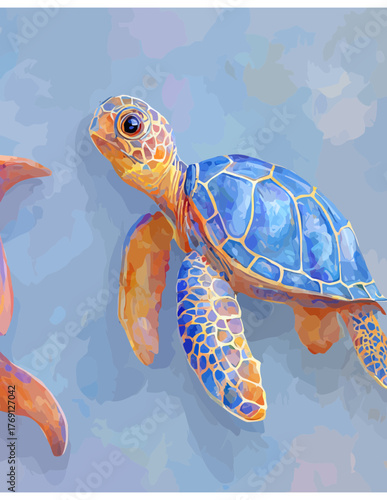 Ilustração em vetor de uma tartaruga marinha bebê nadando em águas azuis claras, arte digital colorida