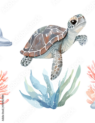 Ilustração em aquarela de uma tartaruga marinha nadando em um recife de coral com algas marinhas e vida marinha.