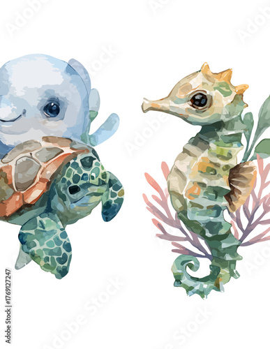 Ilustração em aquarela de um golfinho fofo, tartaruga marinha e cavalo-marinho com corais e algas marinhas.