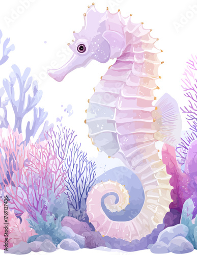 Cavalo marinho delicado em tons pastel com corais e algas marinhas em um ambiente subaquático suave.