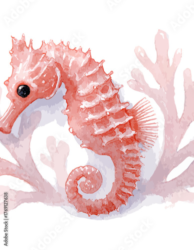 Cavalo marinho rosa delicado em aquarela com corais suaves em fundo branco, ilustração vetorial.