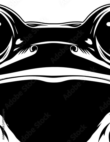 Ilustração vetorial em preto e branco do rosto de um sapo com olhos grandes e detalhes expressivos.