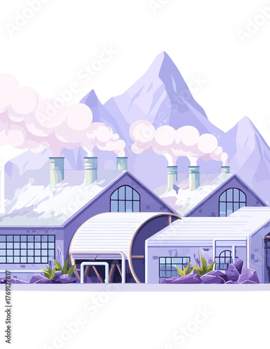 Fábricas industriais com chaminés emitindo fumaça em paisagem de inverno com montanhas nevadas ao fundo.