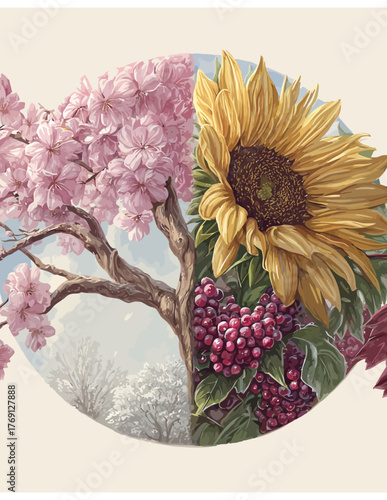Vetor circular com flores de cerejeira, girassol, uvas e folhas de outono, simbolizando as estações do ano.