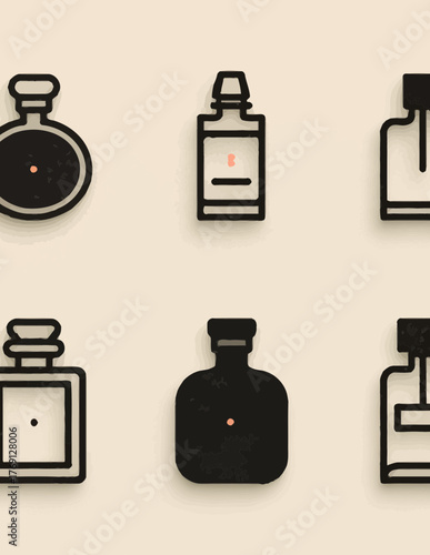 Conjunto de ícones minimalistas de frascos de perfume e garrafas, design plano para cosméticos