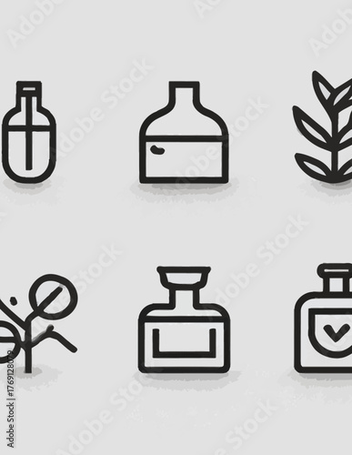 Conjunto de ícones vetoriais minimalistas de frascos e plantas para ciência, cosméticos ou saúde.