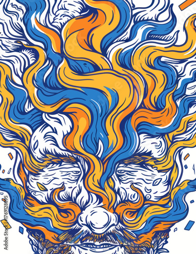 Vetor abstrato de rosto humano com chamas azuis e laranjas saindo da cabeça