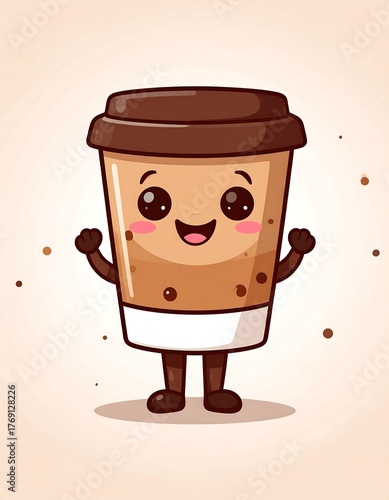 Animated happy coffee cup with arms, legs, and a smiling face