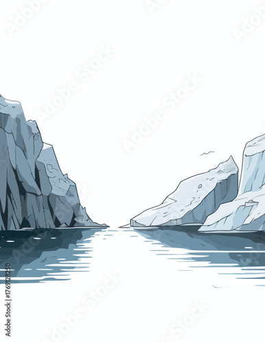 Vetor de paisagem polar com icebergs monumentais refletidos na água calma e céu branco