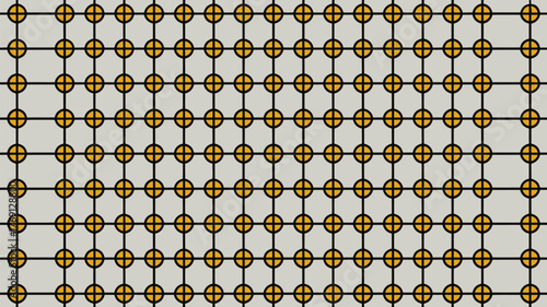 A grid of black lines with gold circles containing plus signs on a light beige background pattern design