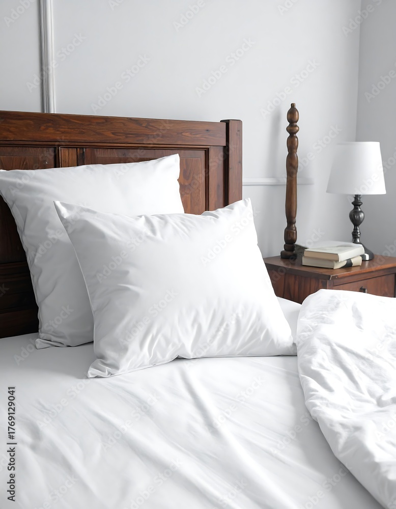 Obraz premium Bedroom Serenity White Bedding and Wooden Headboard