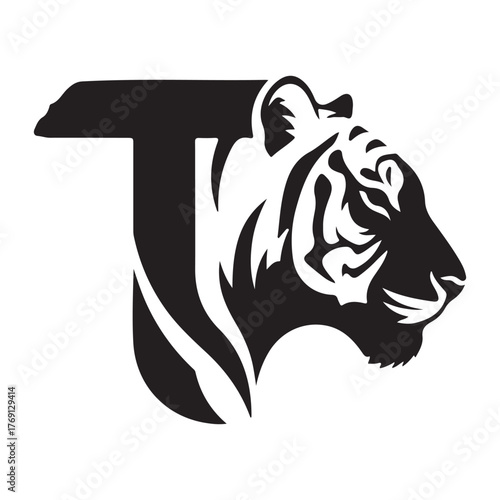 Black and white tiger head with letter t incorporation