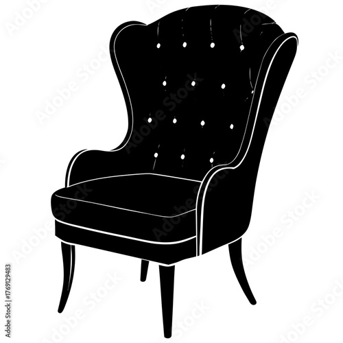 Classic black wingback armchair with button tufting and white piping