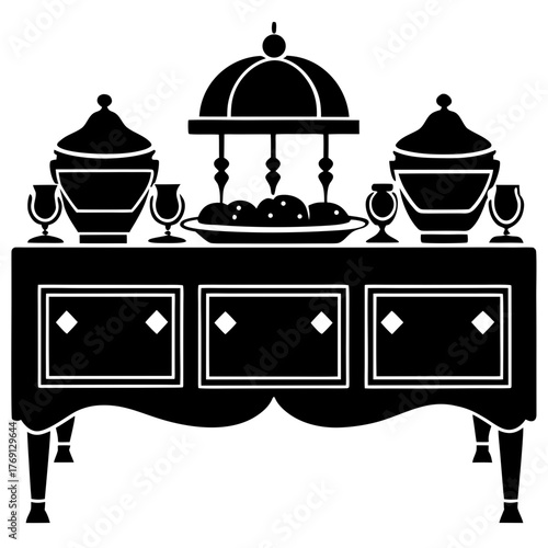 Decorative buffet table with food and drinks silhouette